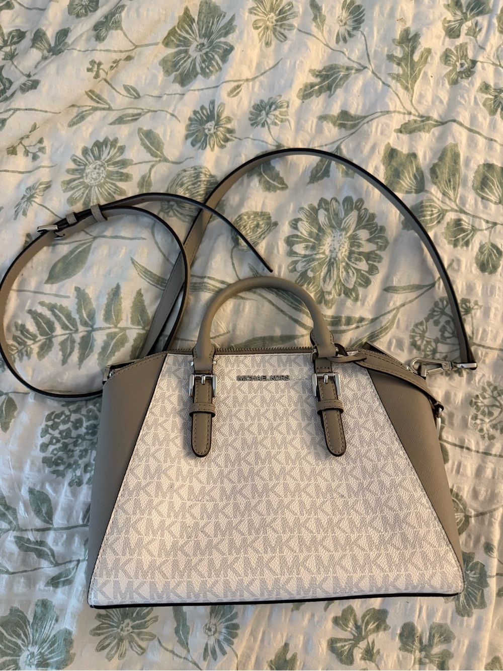 Michael Kors White and Taupe Logo Satchel